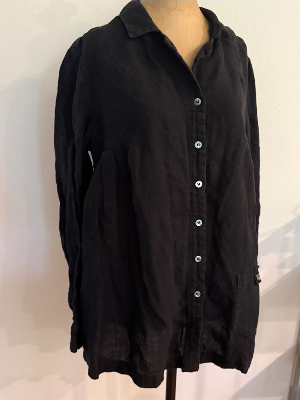 Gudrun Sjoden sz M Black Long-Sleeve Button-Up Shirt - 100% Linen, pocket VGC
